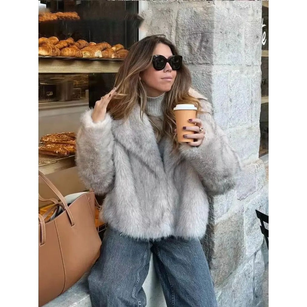 HH Women Elegant Faux Fur Coat Warm Fluffy Loose Long Sleeve