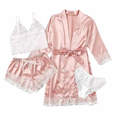 Women's Summer Sexy Pajama Pants Set 4 Pieces Lace Satin Wit