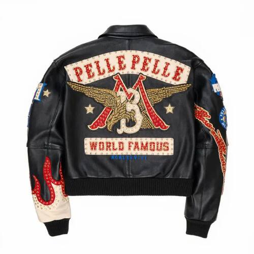 American Vintage Embroidered Leather Jacket Mens Hip Hop Mot