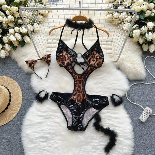 Plush Halter Jumpsuit Leopard Print Hollow Out Playsuit Sexy