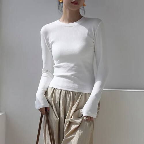 Cotton O Neck Long Sleeve Shirt Women Sexy Cropped Tops 2024