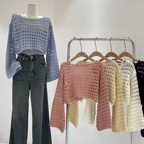 Long Sleeve Crochet Knit Top Summer Beach Bikini Cover Up Cr