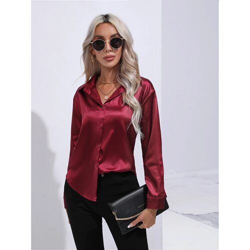 Elegant Women's Satin Imitation Silk Long Sleeve Shirt Autum