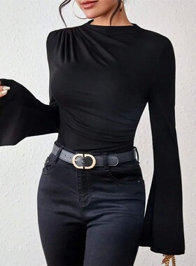 Women Flare Long Sleeve Pleated Mock Neck Blouse Top Autumn