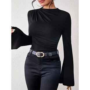 Women Flare Long Sleeve Pleated Mock Neck Blouse Top Autumn