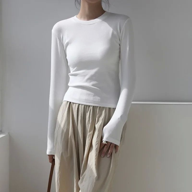 2024 Autumn Cotton O Neck Long Sleeve Shirt Women Sexy Cropp