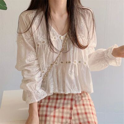 Autumn Long Sleeved Blouse Sexy V-neck Girlish Outfit with L