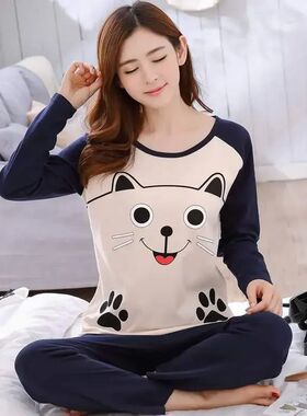Autumn Thin 2pieces Pyjamas Set Women 2024 Cotton Round Neck