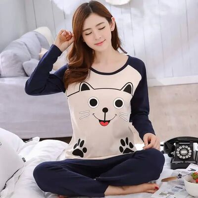 Autumn Thin 2pieces Pyjamas Set Women 2024 Cotton Round Neck
