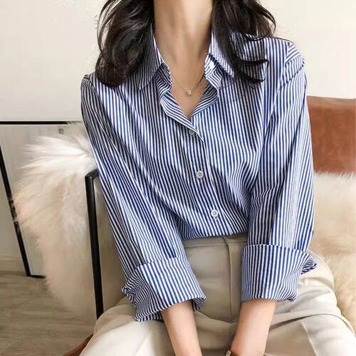 Classic Striped Woman Spring Autumn Blouses Shirt Lady Long