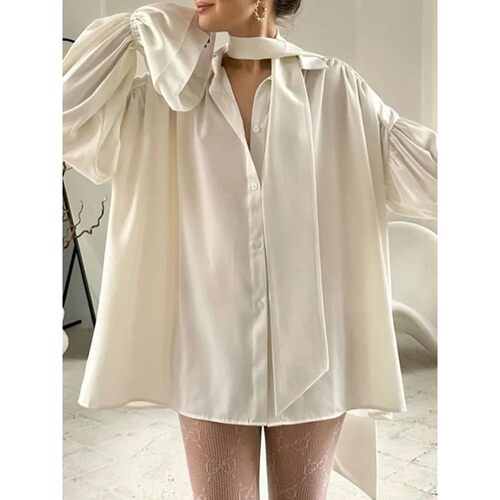 Bonboho Women's Elegant Blouse Solid White Buttoned Satin Sh