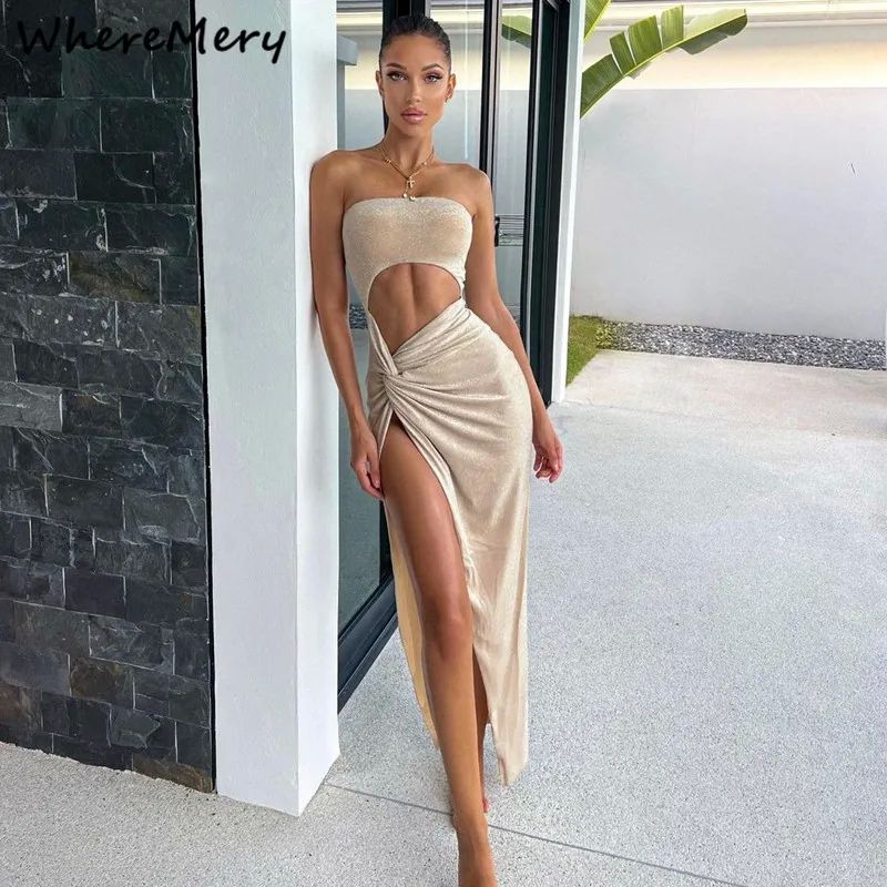 WhereMery Sexy Sleeveless Slit Dress Hollow Out Elegant Skin