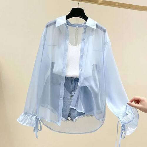 Smvp Chiffon Blouses for Women Summer Thin Loose Button-Up S