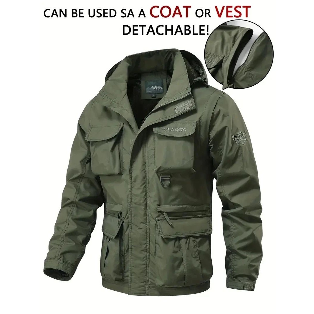 Detachable windproof sleeved hooded jacket suitable for outd