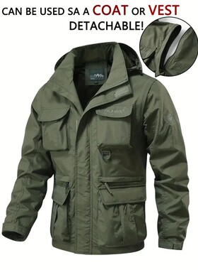 Detachable windproof sleeved hooded jacket suitable for outd