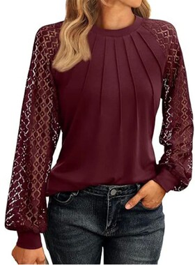 Elegant Lace Pleated Solid Color Shirts Women's Round Neck L
