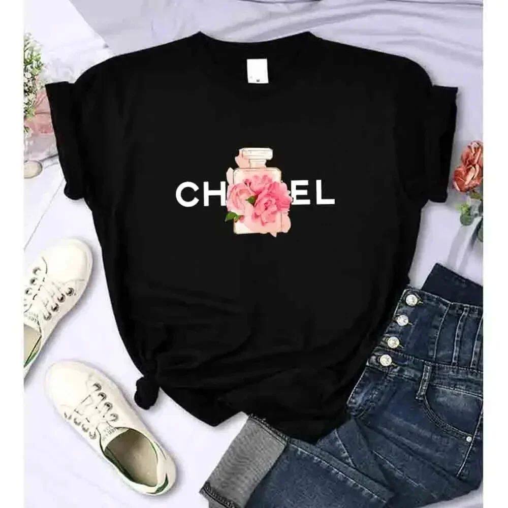 Women's Summer Cotton T-Shirt Alphabet Flower Perfume Shirt