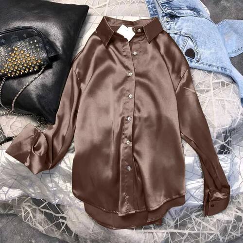Autumn Casual Women's Satin Shirt All-Match Basic Solid Colo