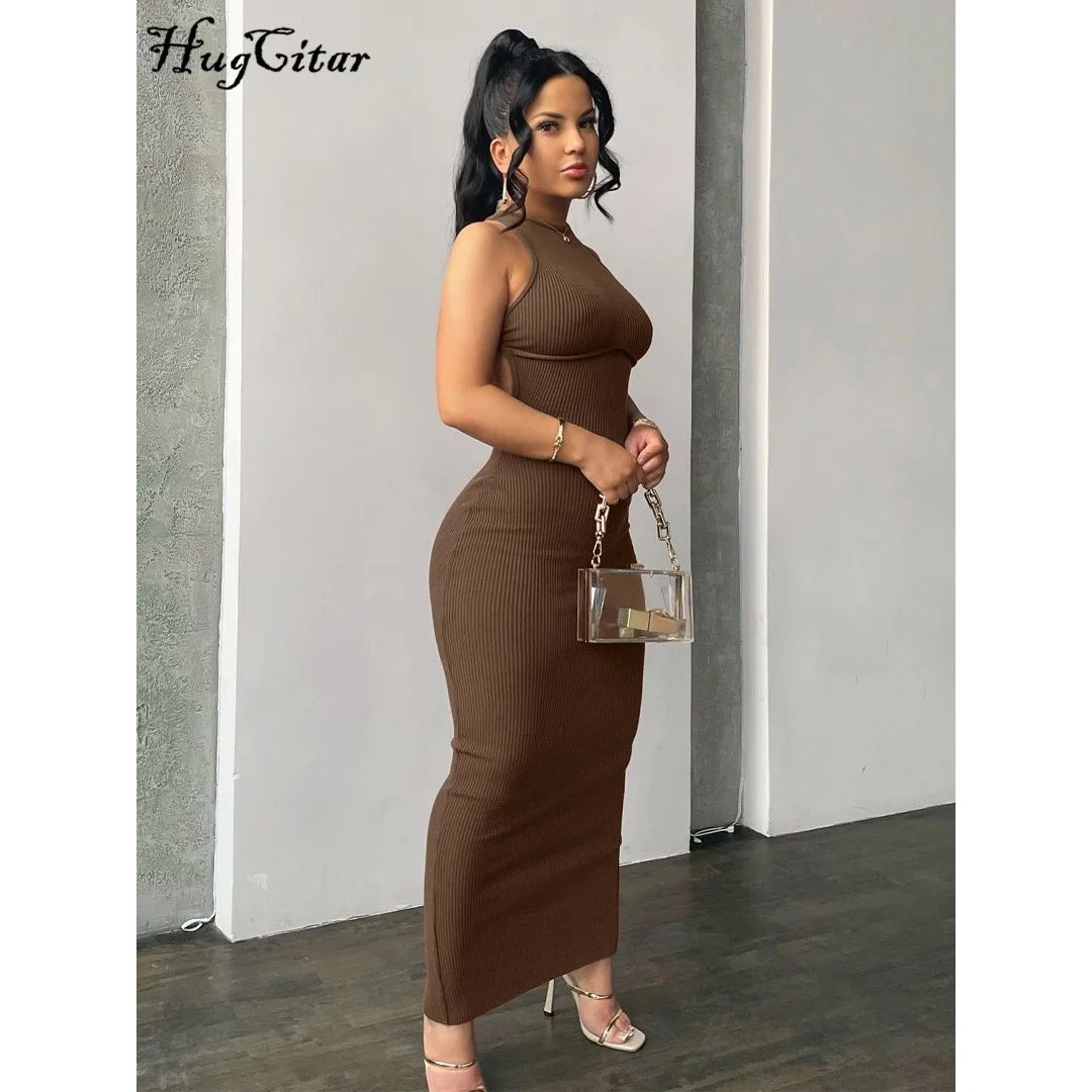 Hugcitar Ribbed Solid Hollow Out Backless Sleeveless Sexy Sl