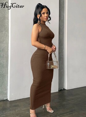 Hugcitar Ribbed Solid Hollow Out Backless Sleeveless Sexy Sl