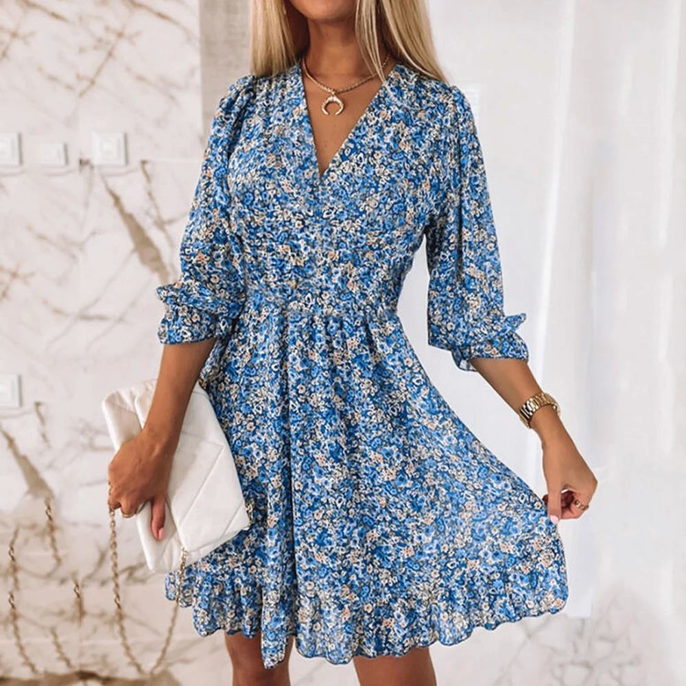 Bohemian Flower Mini Dress Women V Neck Short Sleeve Print F