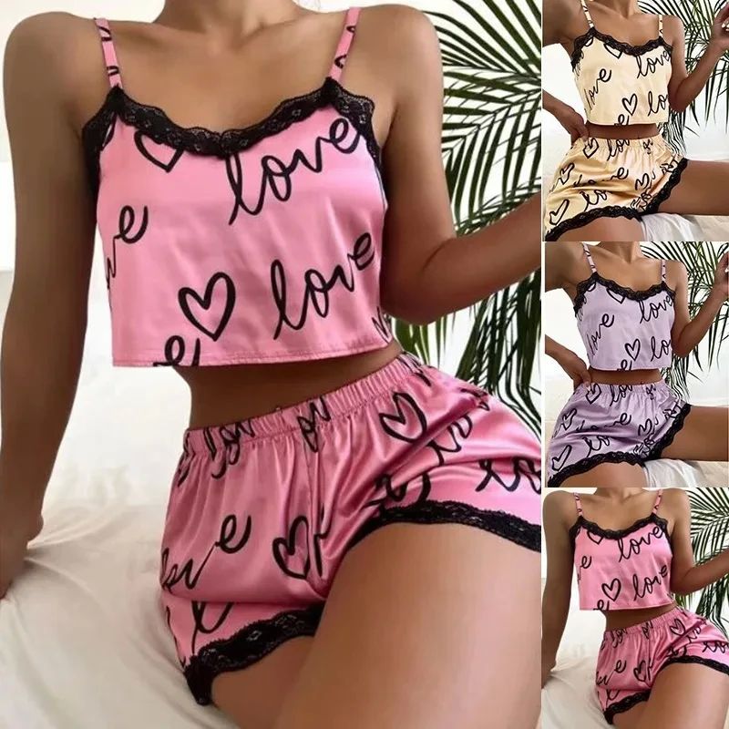 2 Pieces Set Women'S Pajama Shorts Suit Homewear Print Under