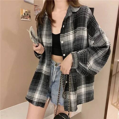 Plaid Shirt Women Fashion Autumn Long Sleeve Top Female Vint