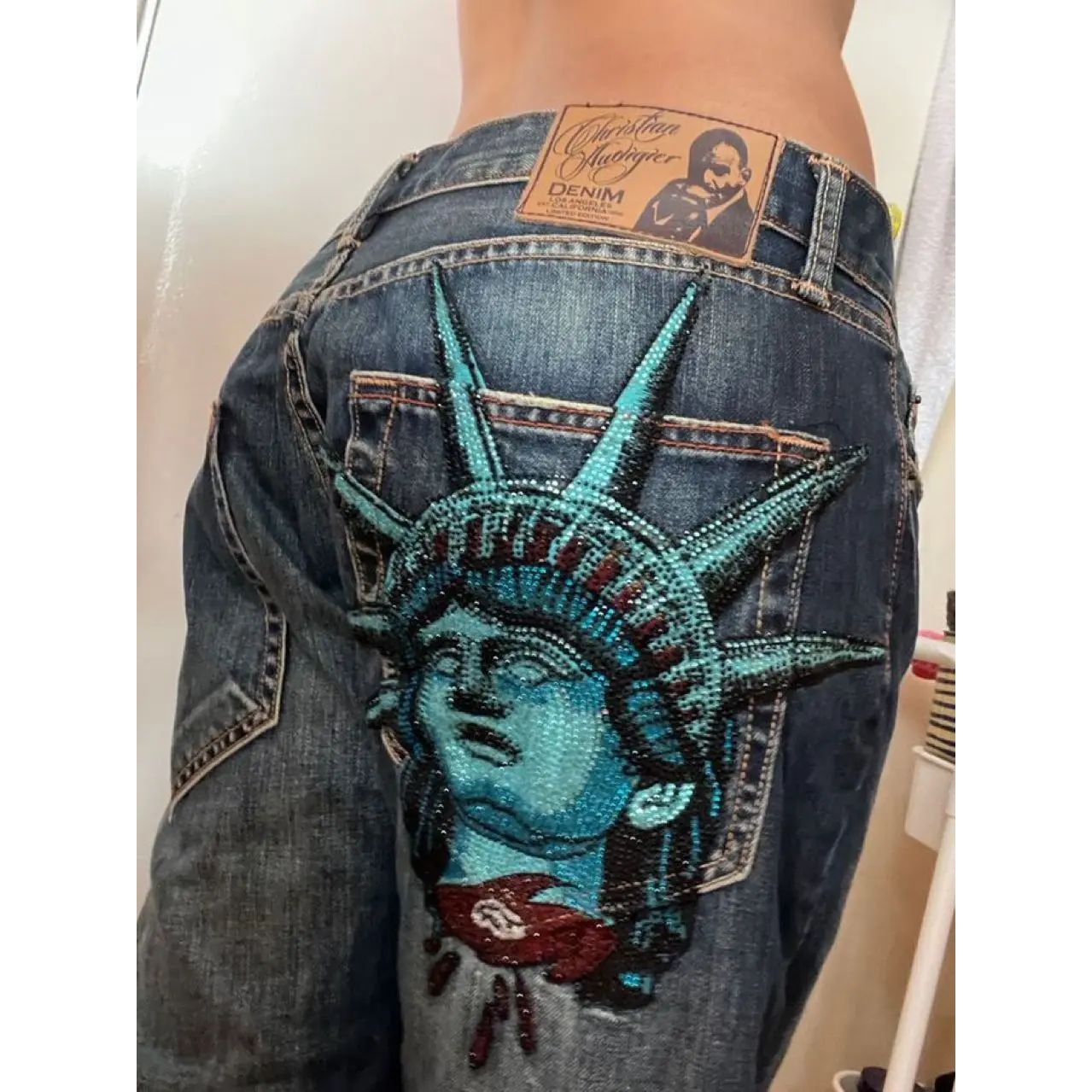 Y2k 2000s Statue of liberty Diamonds Jeans Casual Denim Pant