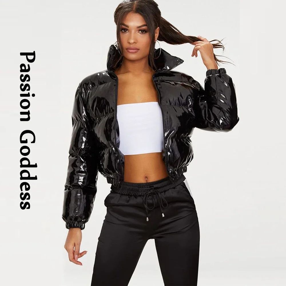 Cool Women Shiny Leather Down Jacket Black Pink PVC Short Bo