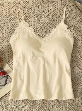 Women V-neck Solid Tank Top  Lace Patchwork With Bra Pad Inn
