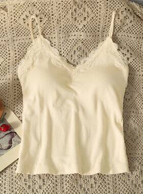 Women V-neck Solid Tank Top  Lace Patchwork With Bra Pad Inn