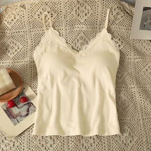 Women V-neck Solid Tank Top  Lace Patchwork With Bra Pad Inn