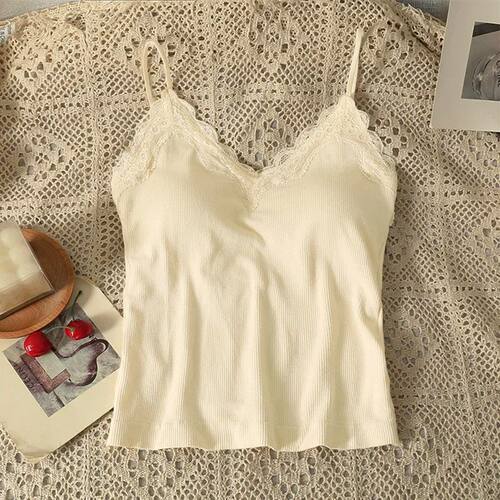 Women V-neck Solid Tank Top  Lace Patchwork With Bra Pad Inn