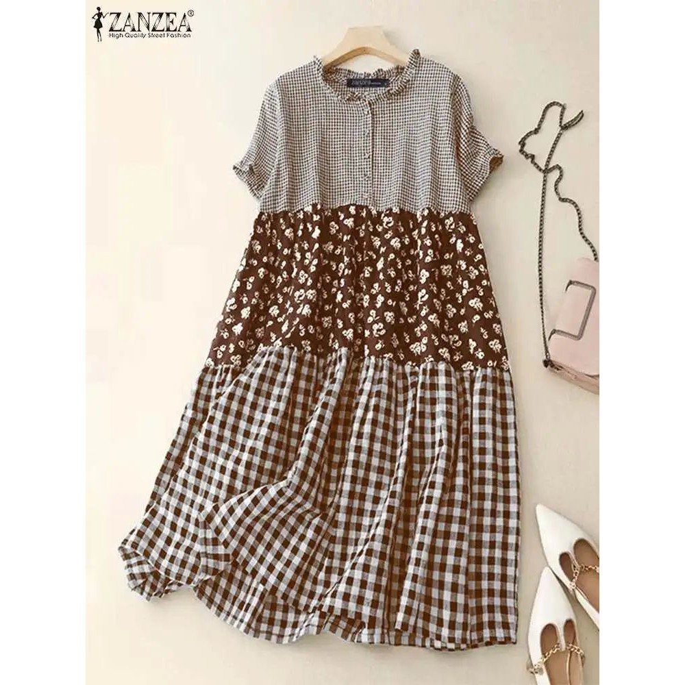 ZANZEA Women Plaid Long Dress 2024 Summer Holiday Pleating S