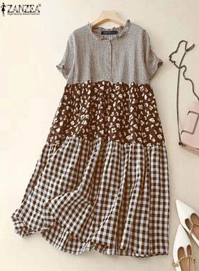 ZANZEA Women Plaid Long Dress 2024 Summer Holiday Pleating S