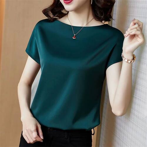 Office Lady Tops Summer Short Sleeve O-Neck Blouses Satin Bl