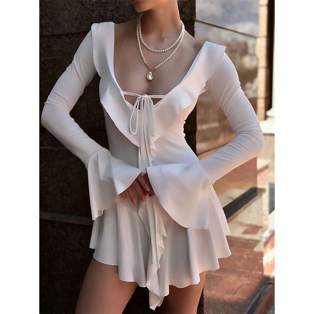 Ruffled Lace-Up White Mini Dress Women's V-Neck Patchwork Lo