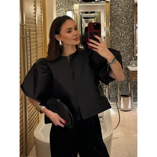 Round Neck Satin Solid Short Blouse For Women Elegant Button