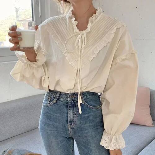 New Spring Summer Vintage Fashion Long Sleeve Women Lace Blo