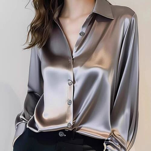 Spring Summer Casual Women's Satin Shirt Lapel Long Sleeve B