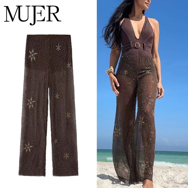 MUJER Sequin Baggy Pants Woman Beads Wide Leg Pants for Wome