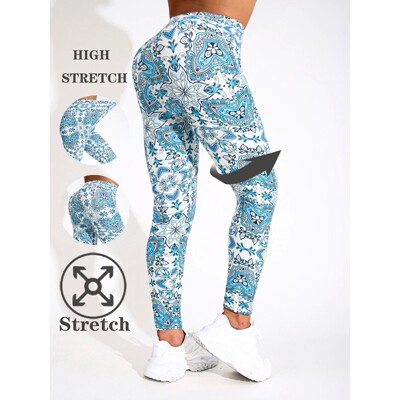 White Background Blue Totem Print Casual Tight Pants Women's