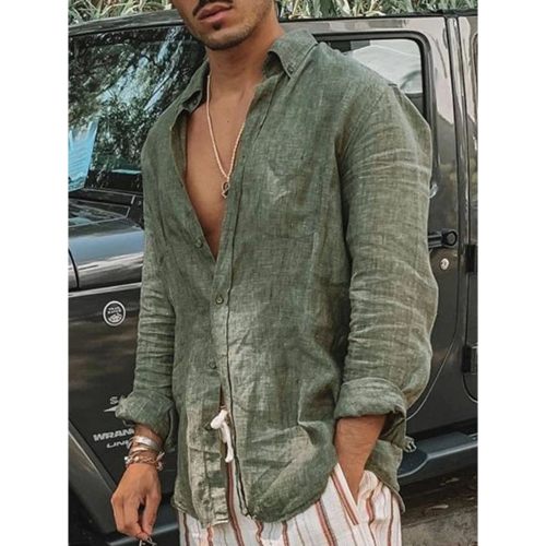 Men's casual fashion solid color thin long-sleeved shirt, la