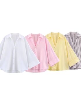 HipSeam Wide Sleeved Shirt Women Spring Asymmetric Hem Butto