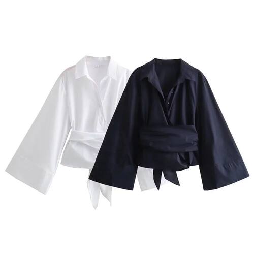New Women's Fashion Casual Polo Neck Bow Tie up Short Editio