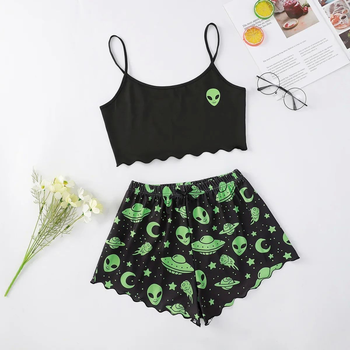 Sexy Alien Print Sling Sleepwear Women's Pajamas Set V-Neck