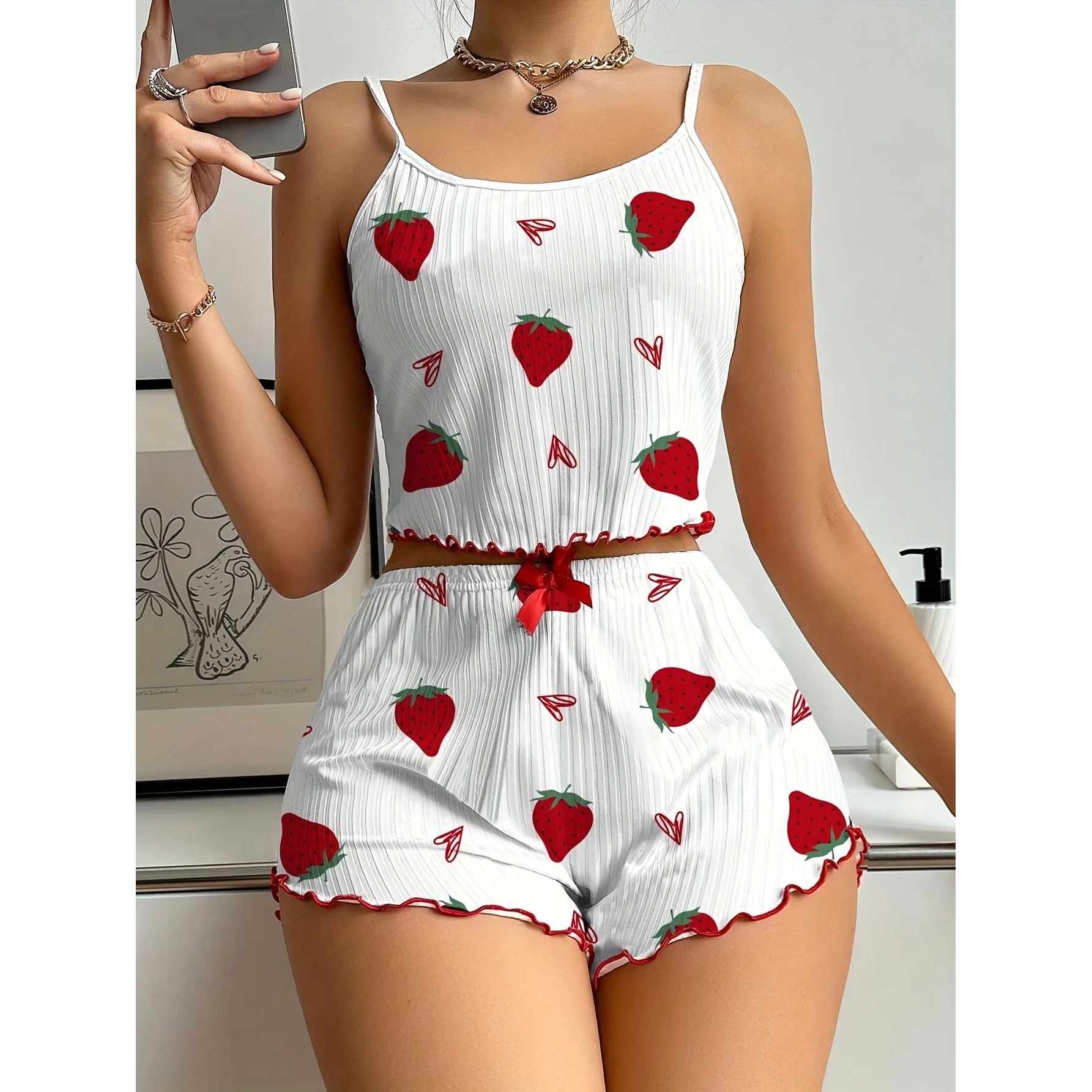 New Strawberry Print Sleepwear Set Women's Ribbed Pajamas wi