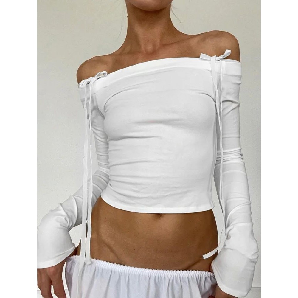 Sexy Bow Off Shoulder Skinny Tops for Women Autumn Winter Y2