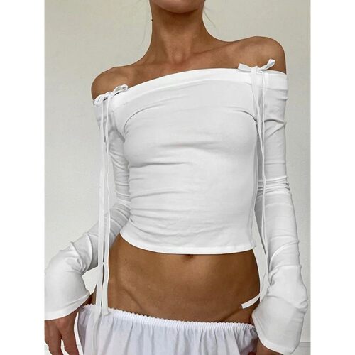 Sexy Bow Off Shoulder Skinny Tops for Women Autumn Winter Y2