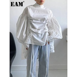EAM Women Irregular Drawstring Big Size White Blouse New Sta